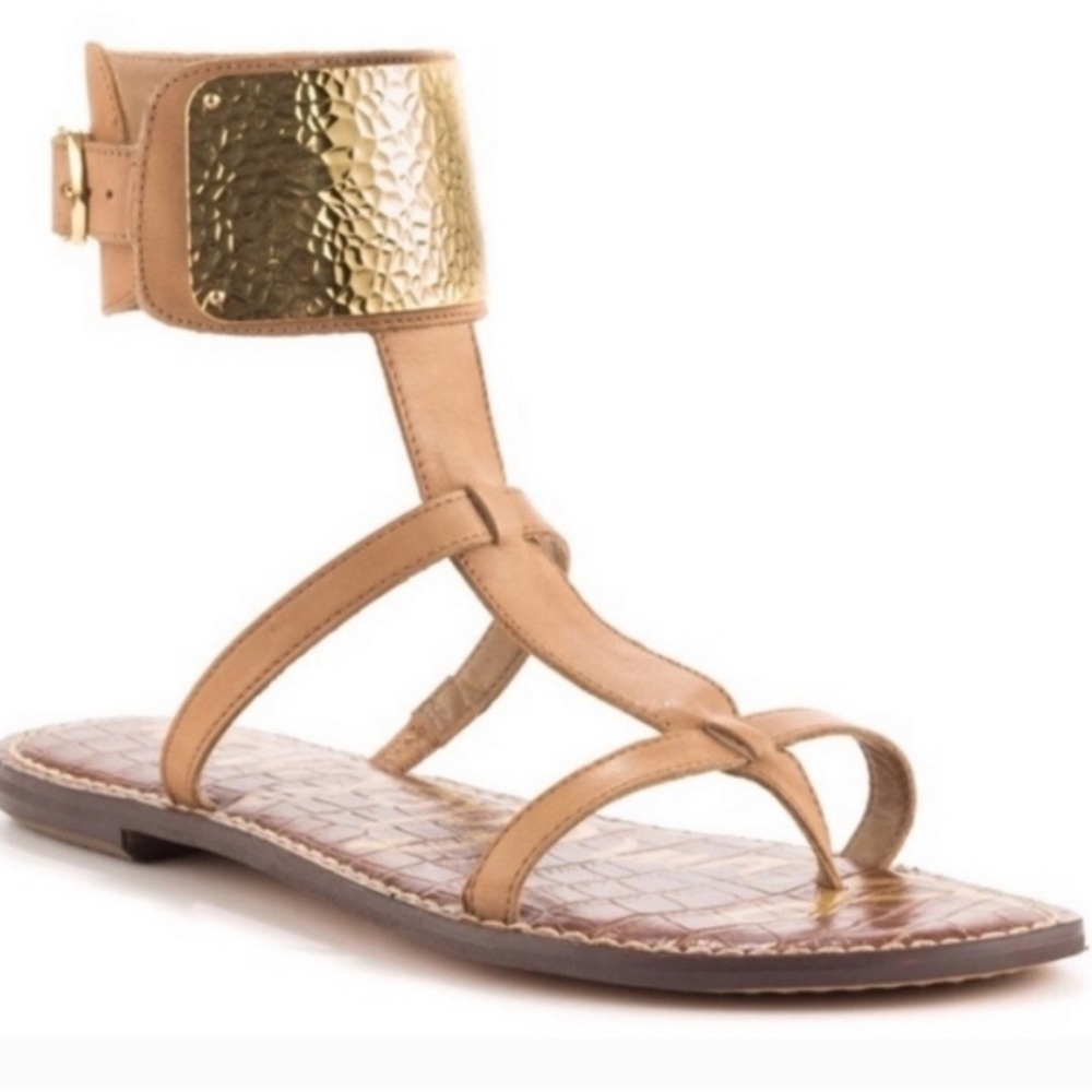 NWOB SAM EDELMAN 7.5M Genette Gladiator Sandals gold/tan Beveled nude cuff flat